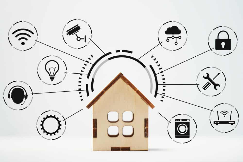 iot internet things smart home icons around house model